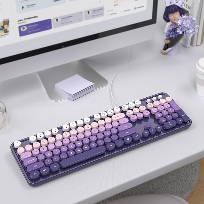 Computer Keyboard Wired, Plug and Play USB Retro Round Typewriter Keyboard, Full Size Wired Keyboard with Foldable Stands for Laptop and Office PC