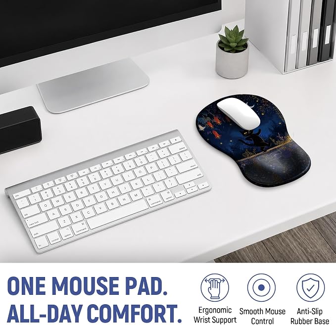 Ergonomic Mouse Pad with Wrist Rest, Gel Wrist Support, Starlit Cat | 10.2 x 7.6 in Mouse Pad with Smooth Fabric Surface and Non-Slip Rubber Base for Office, Home, Study, and Gaming