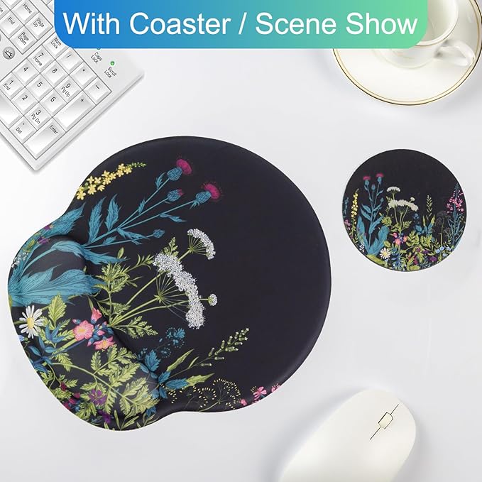 Ergonomic Mouse Pad with Wrist Support Rest,Large Mousepad Gel Wrist Rest, with Coaster Non-Slip & Pain Relief for Computer, Desk, Home&Office-Flowers2