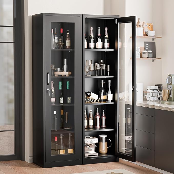 VINGLI Lockable Display Cabinet with Glass Door & 4 Adjustable Shelves, 65" Tall Metal Storage Cabinet Curio Liquor, Bookshelf Bookcase for Home Office Living Room Pantry Garage (Black)