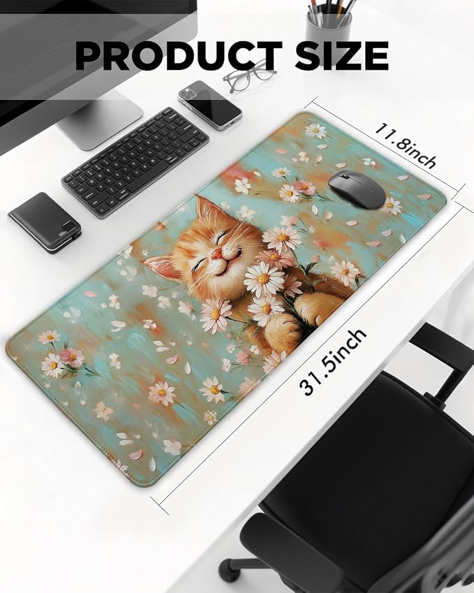 Mouse Pad, Desk Mat, 31.5x11.8in Large Mousepad, Smiling Cat | Desk Pad with Stitched Edge & Rubber Non-Slip Bottom, Gaming Mouse Pad, Extended Mousepad for Home, Office