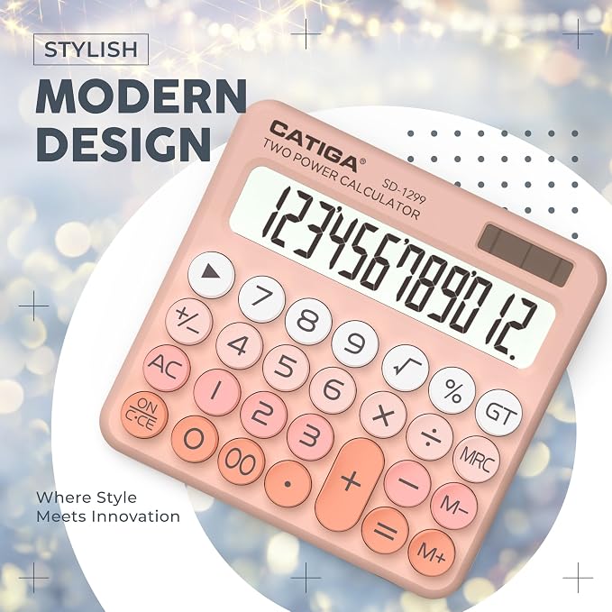 CATIGA Mechanical Switch Calculator with Solar and Battery Dual Power, 12-Digit Large LCD Display, Aesthetic and Cute Desktop Calculator with Big Button, for Home, School and Office Use, SD-1299