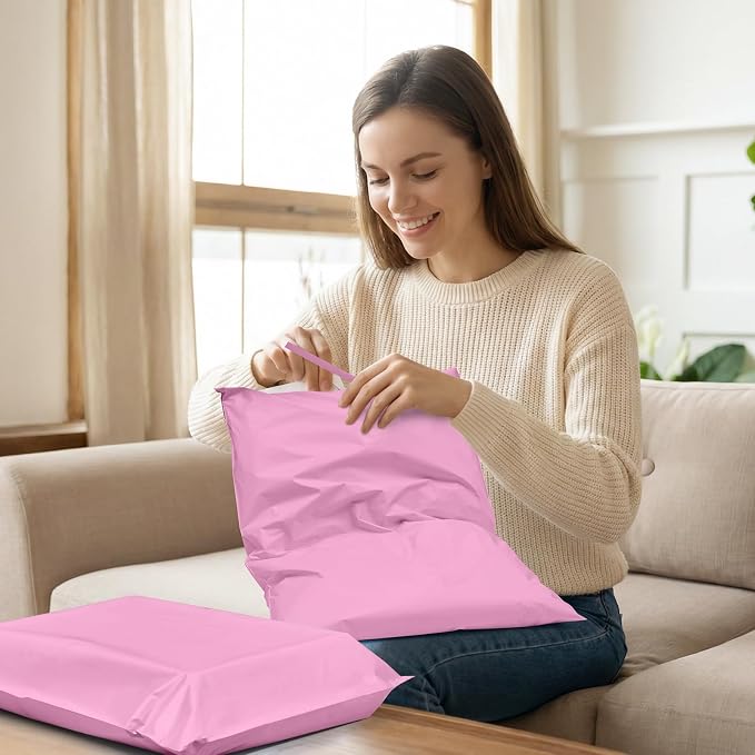 Fuxury Poly Mailers 12x15.5" 100PC Pink Shipping Bags for Clothing with Easy-Open Tear Strip & Easy-Store Hanging Holes, Strong Self-Seal Waterproof Shipping Envelopes Mailing Bags for Small Business