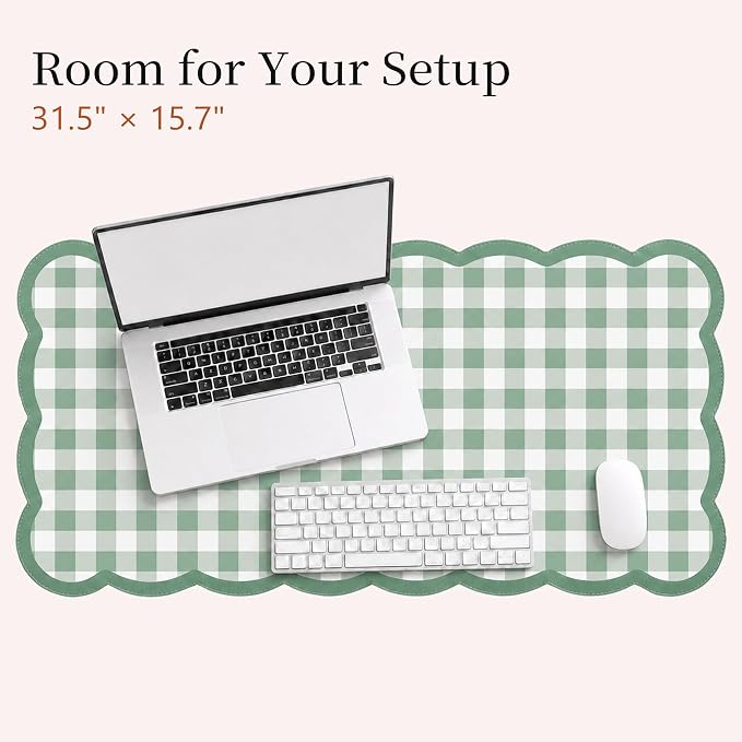 Ohocut Scalloped Gingham Checkered Desk Pad,Green:31.5" x 15.7" | Large, Premium Faux Leather, Anti-slip Bottom, Water Repellent, Easy to Clean, Aesthetic Trendy Design