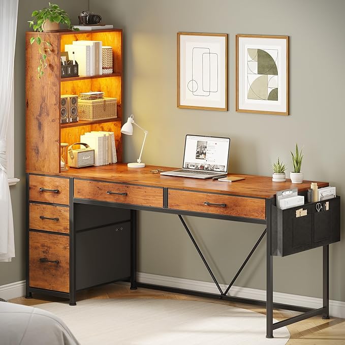 SEDETA Computer Desk with 5 Drawers and Bookshelf, Reversible Home Office Desk with Storage Shelves and File Drawer, Gaming Corner Desk with LED Lights for Small Spaces, Rustic Brown