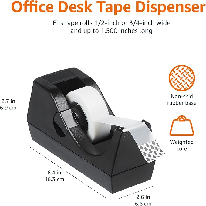 Amazon Basics Weighted Desktop Tape Dispenser with Non-Skid Base, Desk Accessory, 3-Pack