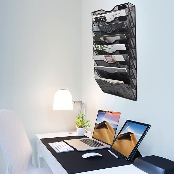 8 Pocket Mesh Hanging Wall File Organizer, Wall Mounted Mail Paper Document Folder Holder, Clipboard Storage Organization Magazine Rack with Nametag Label for Office Home School, Black