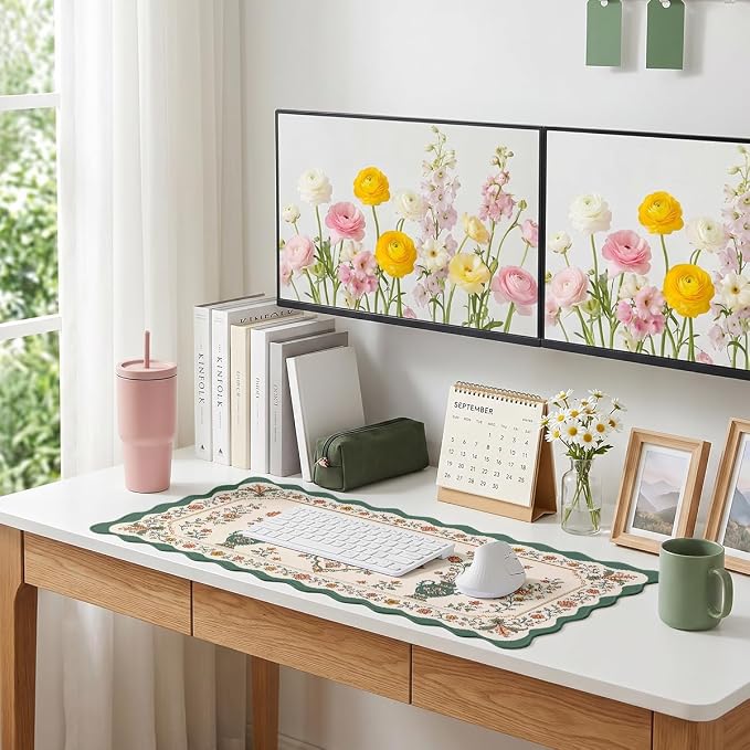 Vintage Floral Scalloped Mouse Pad Sage Vase Medallion French Country Large Gaming with Stitched Edges,Non-Slip Waterproof Rubber Base Mous Mat Office Computer Keyboard Laptop Home 31.5"x15.7"