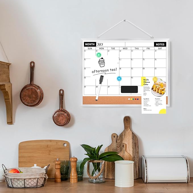 Monthly Calendar Dry Erase Board for Wall, 17"x13" Double-Sided Magnetic Calendar White Board with Cork, Silver Aluminum Alloy Frame Hanging Small Whiteboard for Office, Home, School
