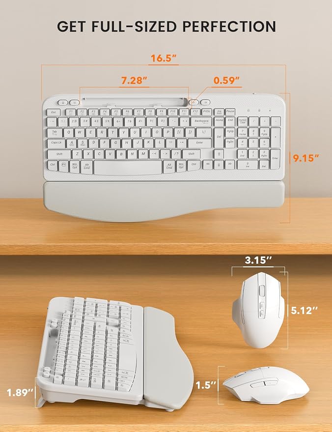 Wireless Keyboard and Mouse Combo with Ergonomic Wave Key | Leather Soft Palm Rest, Rechargeable, 4-Level DPI, Phone Holder, 2.4GHz, MA22 Plus Full Size Set for PC, Laptop, Windows, Mac