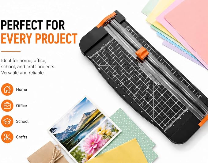 12-Inch Guillotine Paper Cutter, Black | Heavy Duty, 12-Sheet Capacity, Hidden Ruler, Compact Design, For Cardstock, Photos, Scrapbooking, Office & Classroom