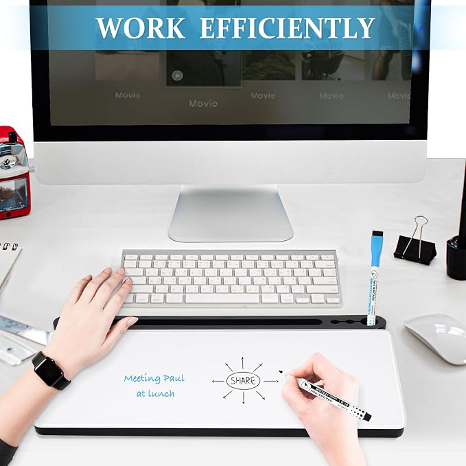 DOLLAR BOSS Glass Desk Whiteboard Small Dry Erase Board, Black | Desktop White Board with Storage Drawer, Computer Keyboard Stand, Desk Organizer, Office Supplies, With Markers, Eraser