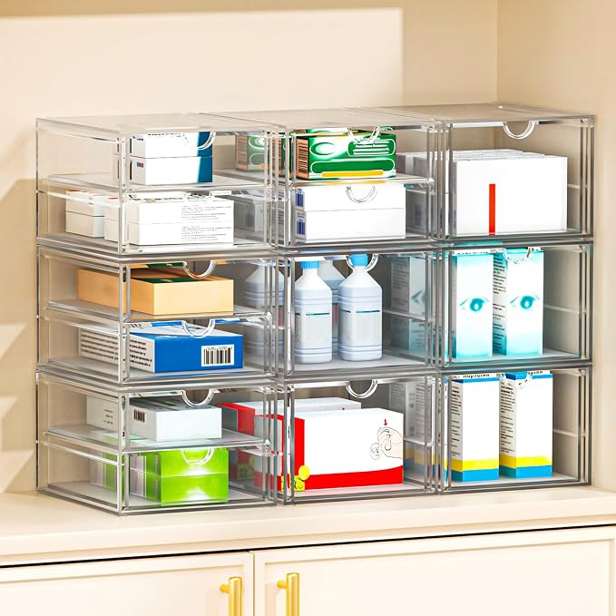 4-Pack 22-Drawer Acrylic Storage & Makeup Organizer for Desk | Smooth-glide drawers, clear acrylic, stackable, dustproof, wipe clean, for office supplies, pens, paper clips, thumb drives