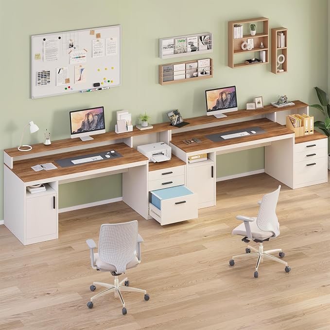 65" Computer Desk with 3 Drawers & Printer Shelf for Home Office | Office Desk with Printer Shelf & File Drawer, Executive Desk Writing Study Table with Monitor Stand, Brown & White