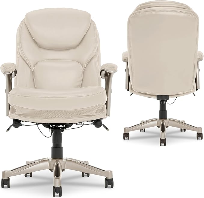 Serta Claremont Executive Office Chair with Back-In-Motion Technology, Ergonomic Mid-Back with Pivot Lumbar Support and Seat, Plush Cushion, Body Pillows, Adjustable Arms, Bonded Leather, Ivory White