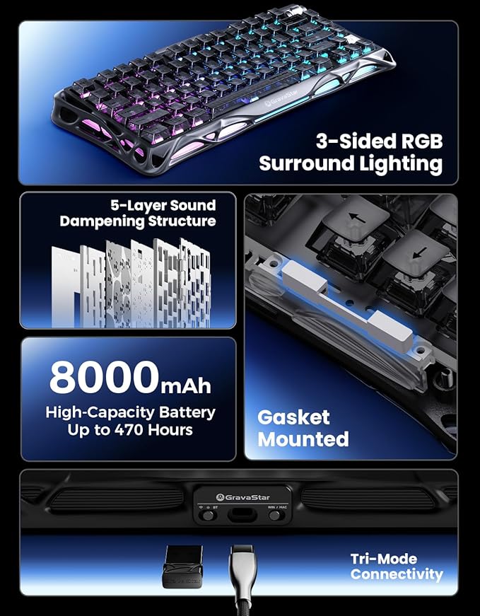 GravaStar Mercury K1 75% Wireless Mechanical Keyboard, Aluminum Alloy Gaming Keyboard with Knob, Hot Swappable, Linear Switches, Transparent Keycaps, RGB Backlit, 2.4GHz/BT5.0/USB for PC Gaming