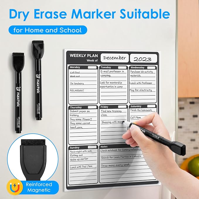 maxtek Magnetic Black Dry Erase Markers with Eraser, Fine Tip, 12 Count | Low Odor Whiteboard Markers for Classroom, Office and Home Whiteboard Notes
