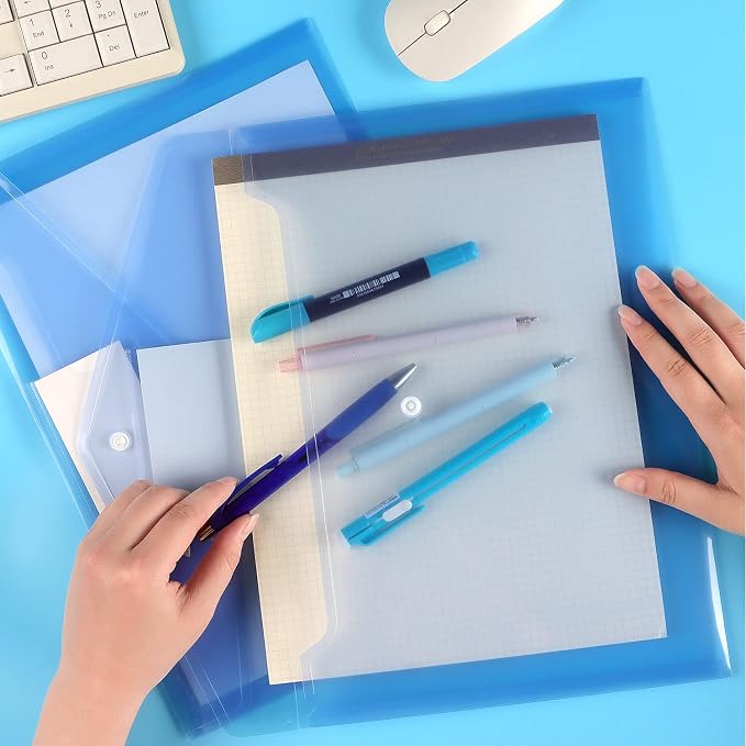 6 Pack Clear Document Folders Plastic Envelopes, A4 Size, Blue | Poly Envelopes File Envelopes with Label Pocket and Snap Button, for Home Work Office Organization