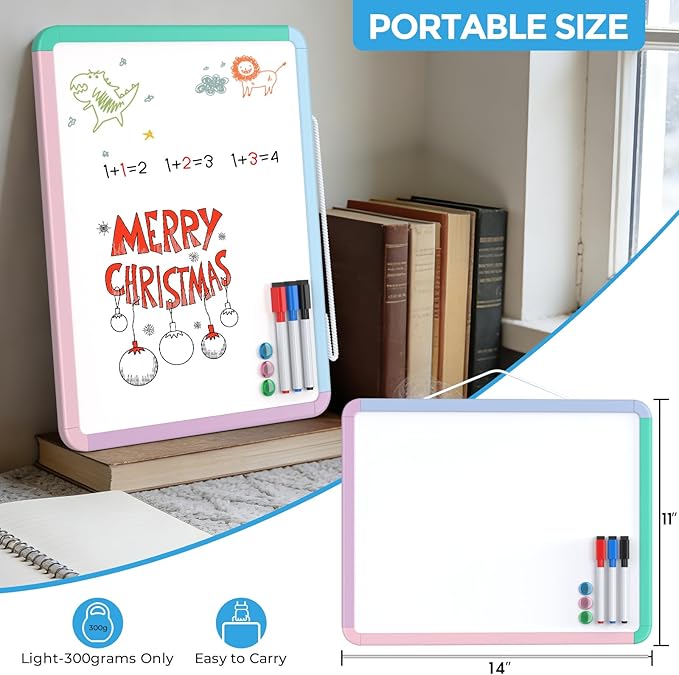 MaxGear Small White Board for Wall, 14"x 11" Mini Double-Sided Magnetic Hanging Dry Erase Board with Markers, Portable Whiteboard for Planning, Drawing, Memo, to Do List, Macaron Multicolor Frame