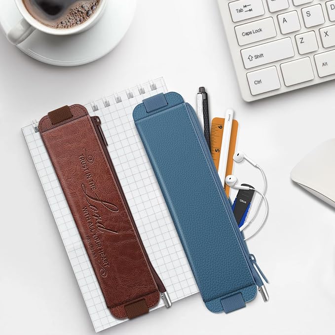 FINPAC 2-Pack Elastic Pen Holder for Notebook Leather Pen Holder | Stationery Zipper Bag for Pencils, Pen Pouch with Elastic Band for Bible Journaling, Planners, Tablets, brown