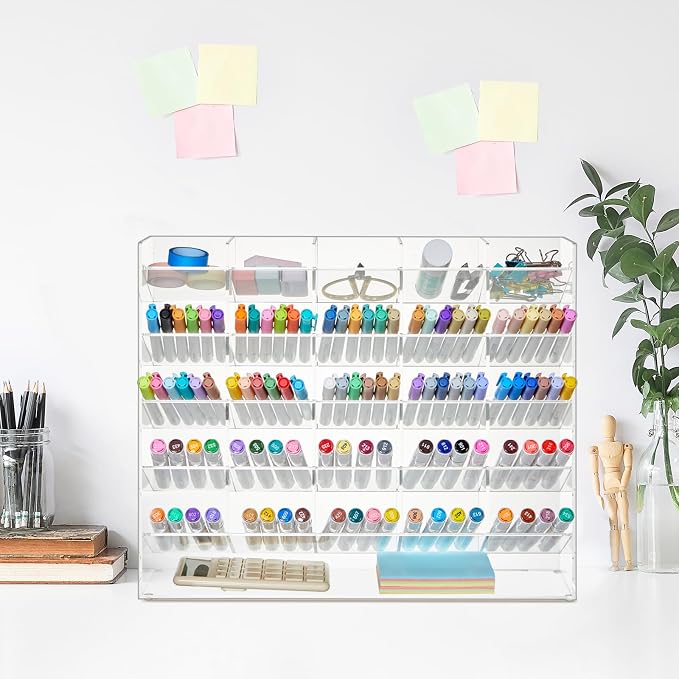 MotiMind Acrylic Pen Organizer Storage for 300 Markers Vertical Marker Organizer Acrylic Pen Display Holder for Office Desk Desktop Stationery Pencil Storage, Clear, 15 x 4 x 12.4 Inch