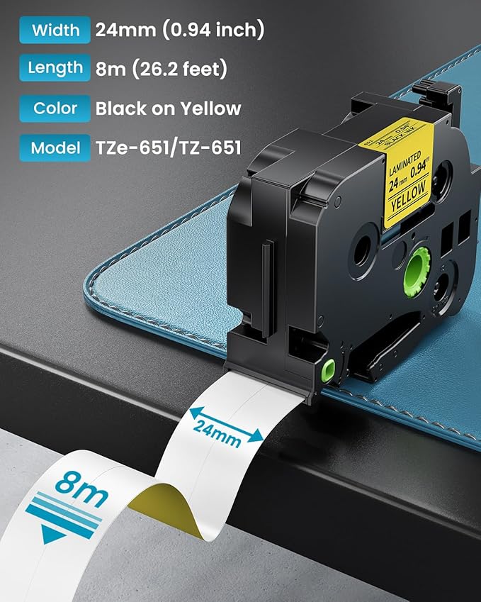 Replacement for Brother TZe-651 TZe651 P Touch Yellow Label Tape 24mm 0.94 | TZe TZ Label Maker Tape 1 Inch Laminated Black on Yellow, Compatible with PT-D600 PT-D610BT PT-P700 PT-P710BT, 4-Pack