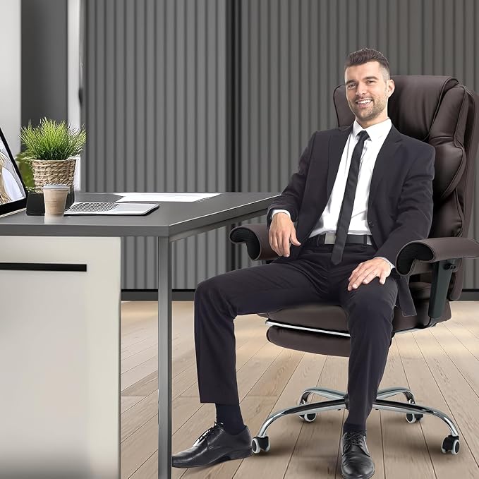 6-Point Massage Executive Chair,Heat Office Chair,Ergonomic Home Office Desk Chairs with Retractable Footrest and Reclining Function,Leather Computer Chair with Adjustable Armrest(โBrown)