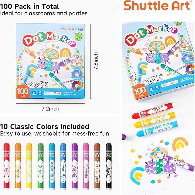 Shuttle Art 100 Pack Dot Markers, 10 Colors x 10 Sets Washable Bingo Daubers, Fun Art Supplies for Kids and Preschoolers, Non Toxic Water-Based