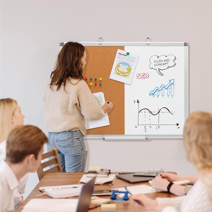 Comix Cork Board Magnetic Dry Erase Board Combo, 24 x 18 Inches Whiteboard and Bulletin Board Combination, Aluminum Frame Vision Board with 4 Dry Erase Markers, 4 Magnets, Eraser, Push Pins | Magnetic whiteboard & bulletin Board combo, contains 4 marke...