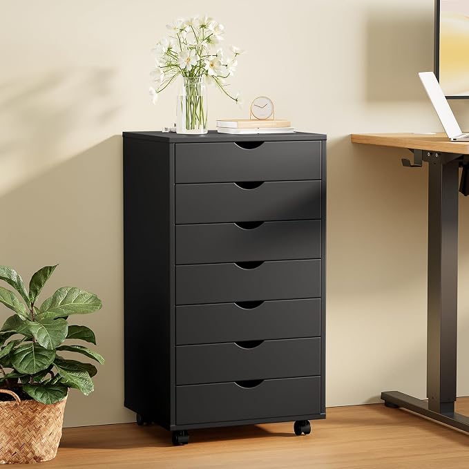 Sweetcrispy 7 Drawer Wooden Dresser, Storage Cabinets, Room Organization | Mobile Rolling Wheels, Vertical Organizer Chest, Home Office Bedroom Furniture, Black Wood