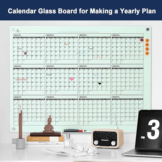 Glass Calendar Whiteboard - 48 x 36 Inches Wall Mounted Dry Erase Yearly Planner for Wall, Large Magnetic Glass White Board for Office, Home & School
