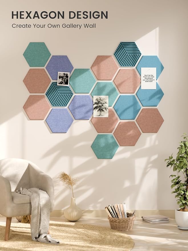 Fluxynara 10-Pack Hexagon Felt Bulletin Board Tiles, Coastal Haze | Cork Board Alternative for Wall Decor and Vision Boards, with 50 Adhesive Tabs for Home, Office, Classroom or Dorm.