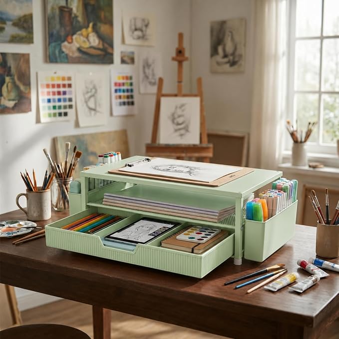 ECOLOVI Desk Organizer and Accessories, 2-Tier Computer Monitor Stand Rise with Storage Drawer & 2 Pen Holders, Laptop & Printer Stand for Desktop, Workspace Organizers for Office Supplies (Sage Green)