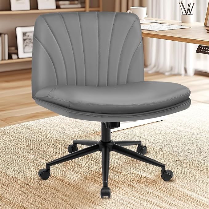 NEO CHAIR Criss Cross Chair with Wheels Armless Cross Legged Office Desk Wide Comfy Vanity Makeup Chair Adjustable Swivel Rolling Computer for Home Office PU Leather (Grey) | Cross-Legged Friendly, Height Adjustable with 360° Swivel, Smooth Rolling Whe...