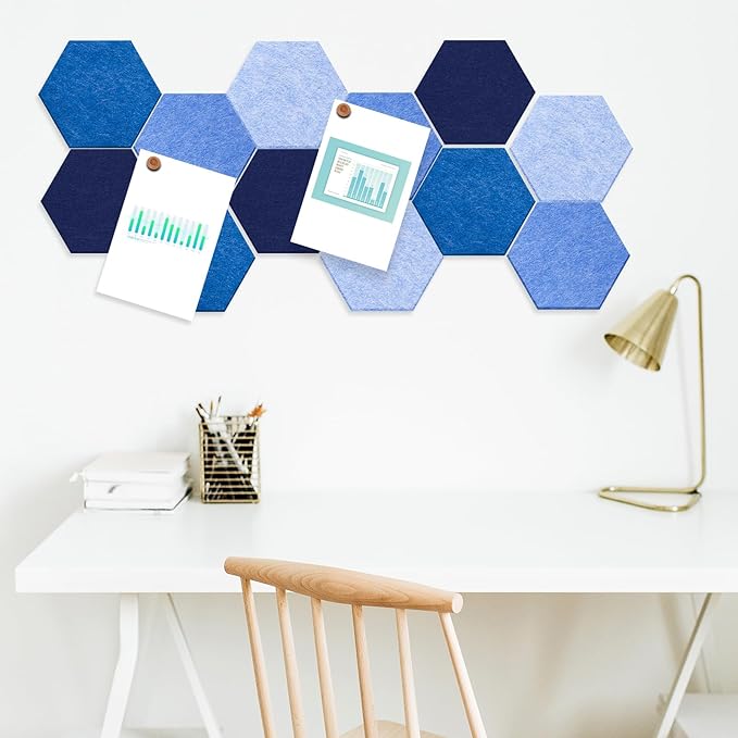 16 Pcs Hexagon Cork Board for Walls with 50 Wooden Push Pins 6.7 x 5.9 in Felt DIY Tiles Notice with Nano Tape Hanging Bulletin Board for Home Photo Office Memo Note(Ocean)