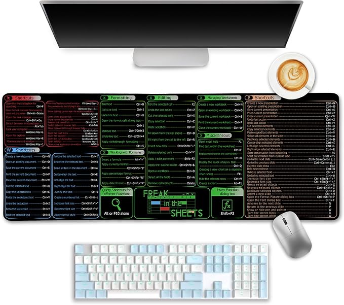 LIMKRIAN Office Software Excel Shortcuts Mouse Pad, Extended Large Cheat Sheet Mousepad, Mouse Pads for Desk Non-Slip, Keyboard Mouse Pad for Laptop Computer Work Office Desk Accessories 31.5x11.8 in