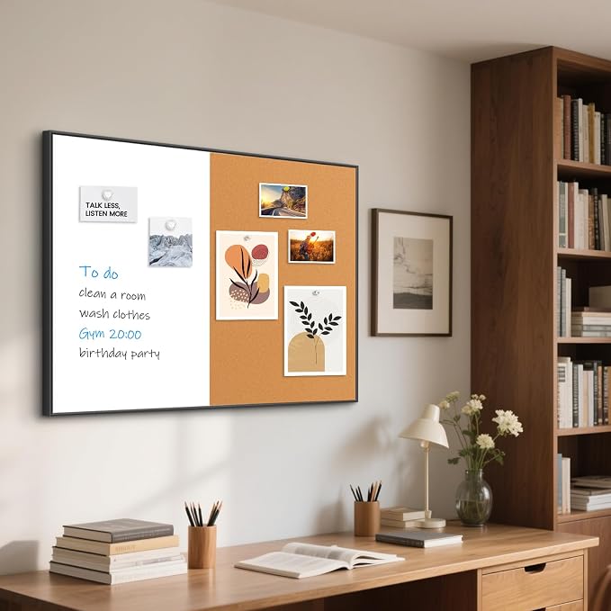 Magnetic Dry Erase White Board & Cork Board Combo, 36"x24", Wall Mounted | Black Aluminum Frame, Dry Erase Board and Cork Bulletin Board, Vision Board, for Home Office, School, Kitchen