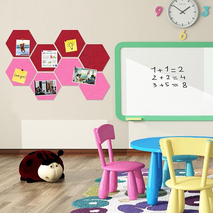 Large Hexagon Felt Cork Board Tiles, Self Adhesive DIY Felt Bulletin Board Pin Board with 35 Pushpins for Office School Home Wall Decor Stickers Memos Photos Display(Red+Pink)