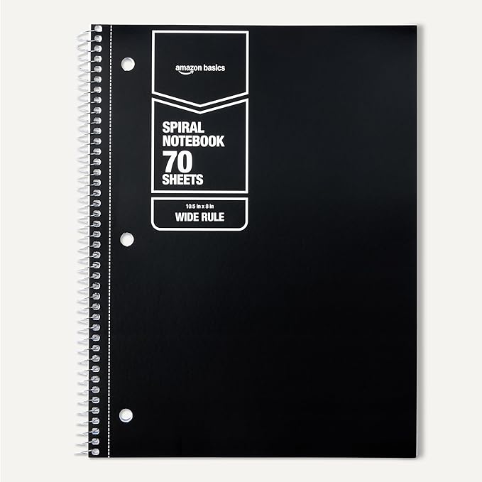 Amazon Basics Wide-Ruled Spiral Notebooks, 8" x 10-1/2", 70 Sheets, Black, 2-Pack
