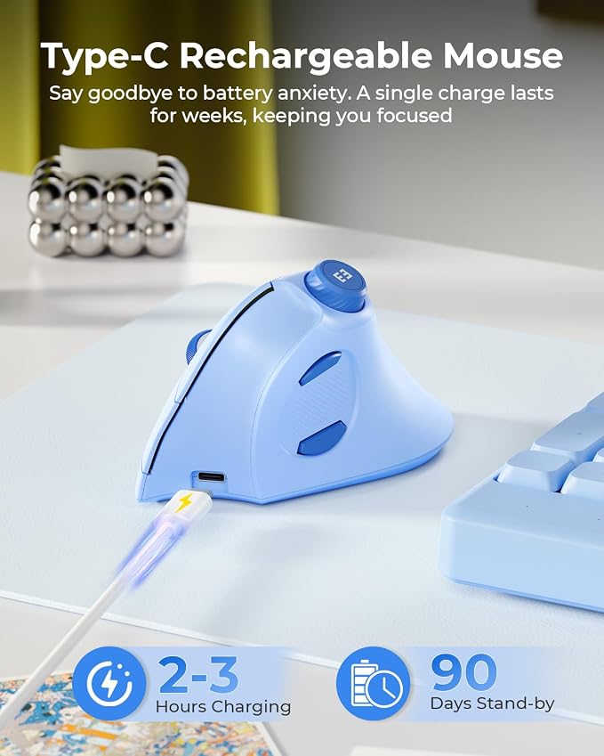 seenda MOU-302 Wireless Bluetooth Ergonomic Vertical Mouse with Volume Knob | Rechargeable 3-device mice for small/medium hands with quiet clicks, 1000/1600/2400 DPI for PC, laptop, MacBook, Light Blue