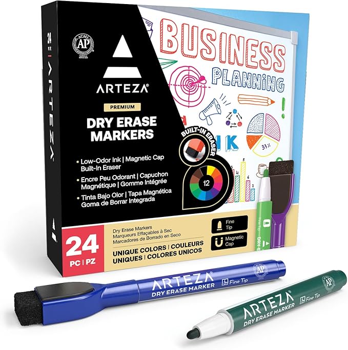 ARTEZA Fine Tip Dry Erase Markers with Erasers – 24-Pack Magnetic Whiteboard Pens, 12 Assorted Colors, Low-Odor Ink for Classroom, Office & Home