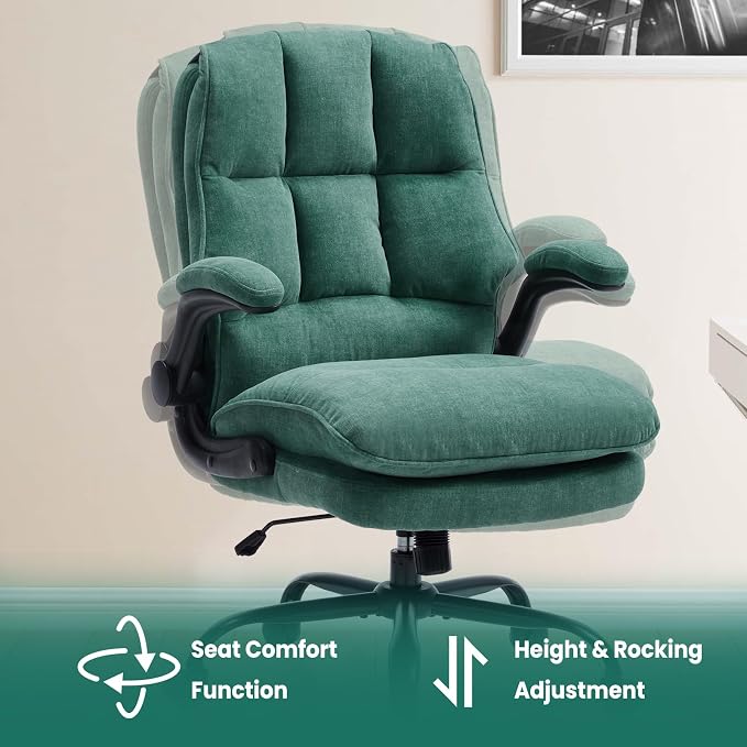 Comfy Office Chair Soft and Double Cushioned Ergonomic Computer Desk Chair for Long Hours Executive Office Chair with Flip-up Armrests and Height Adjustment for Home Office Green