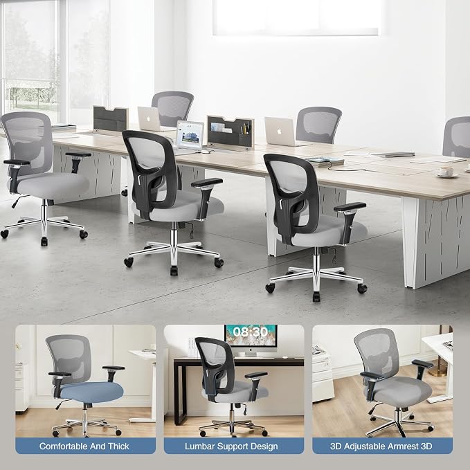 DUMOS Big and Tall Office Desk Chair, 500lbs Heavy Duty Mesh Chair | Ergonomic 4D Armrest, Comfortable Lumbar Support, Wide Seat, 360ยฐ Swivel Rolling Wheels, Adult, Grey