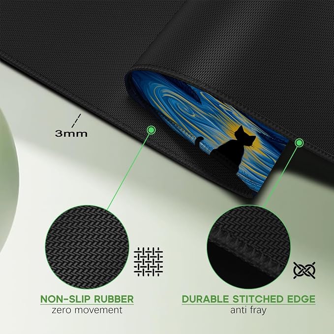 Van Gogh Cat Mouse Pad, Large Gaming Starry Night Desk Mat | 31.5x11.8in, Micro-Woven Cloth Surface, Non-Slip Rubber Base, Machine Washable, For Office & Home