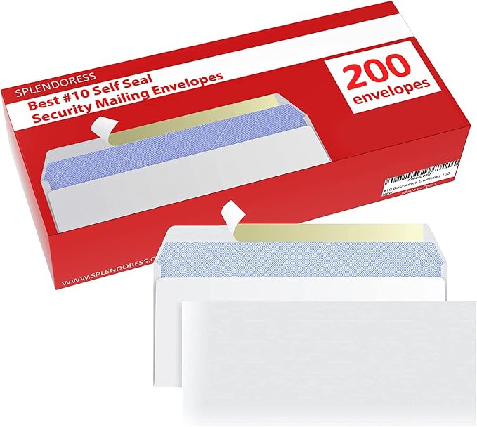 #10 Envelopes Letter Size Self Seal | 200 Business Mailing Security Peel and Sealing Envelope | 100% Tinted | no 10 White Windowless Legal Regular Plain Envelops Pack | 4-1/8 x 9-1/2 Inches | 24 LB