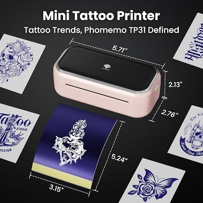 Phomemo TP31 Tattoo Stencil Printer, Mini Temporary Tattoo Maker with 30pcs Transfer Paper,Bluetooth Tattoo Machines Printers for Tattoo Beginners & Artists,DlY,Parties,Gifts,Pink