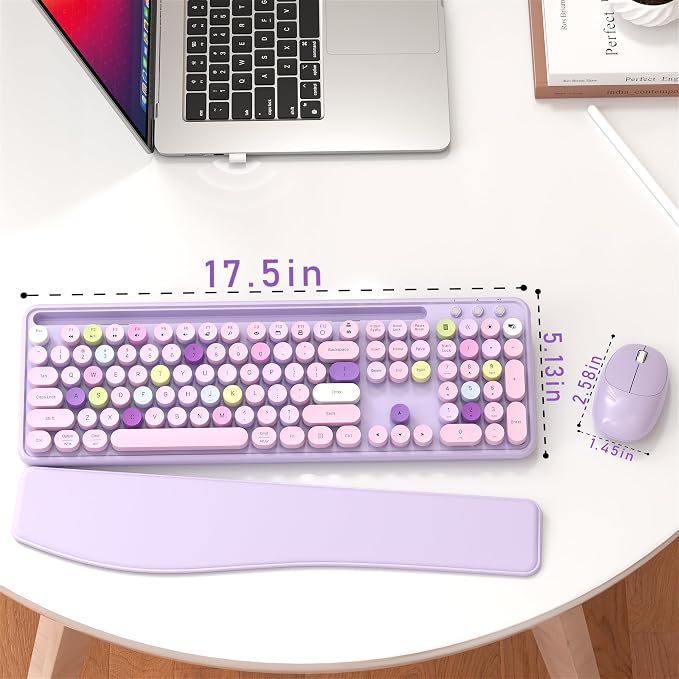 Wireless Keyboard and Mouse Combo with Phone Holder (Purple) | MPTOG Colorful Typewriter Keys with Wrist Rest, , 2.4GHz Wireless, Full-Sized Optical Mouse for PC and Laptop