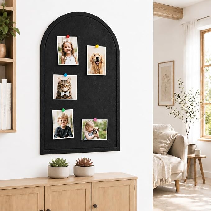 Large Arched Felt Bulletin Board, Sized 36" x 24" for Office & Wall Decor – 6 Customizable Adhesive Tiles with Pins are Perfect to Display Your Photos (Black-B)