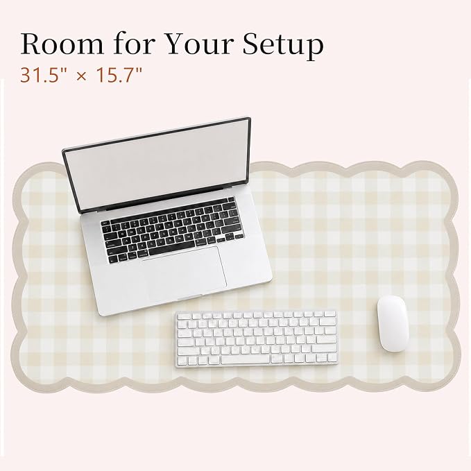 Ohocut Scalloped Gingham Checkered Desk Pad,Beige:31.5" x 15.7" | Large, Premium Faux Leather, Anti-slip Bottom, Water Repellent, Easy to Clean, Aesthetic Trendy Design
