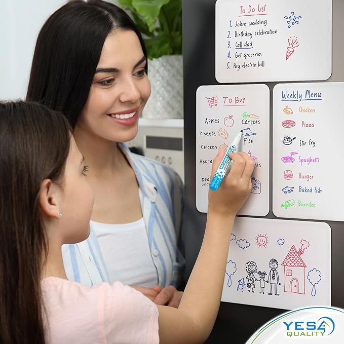 Magnetic Dry Erase White Board Sheet for Fridge (12x8), Stain Resistant Technology w/ 6 Markers & Big Eraser with Magnet, Small Refrigerator Whiteboard Planner & Organizer by Yes4Quality